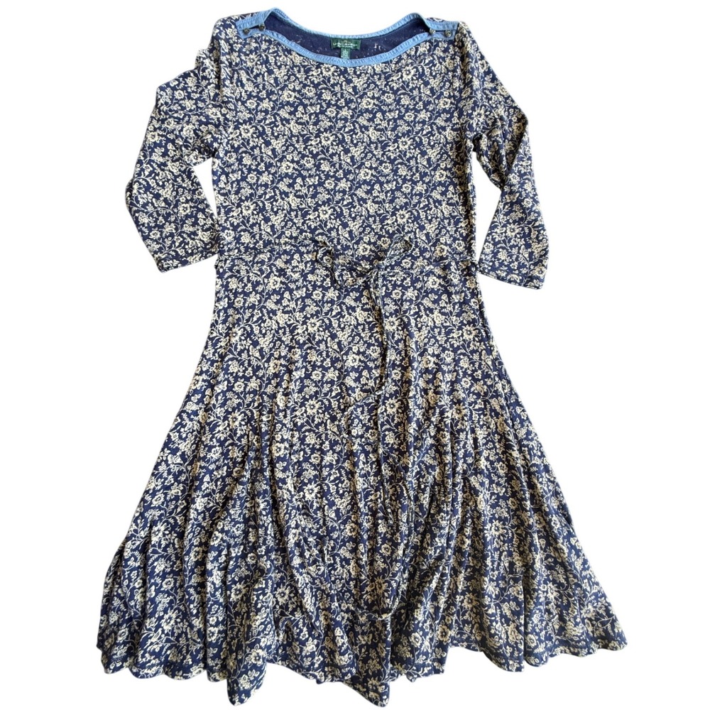 Lauren Jeans Co Ralph Lauren Floral Birds Botanical Dress Navy Blue Cotton Large
